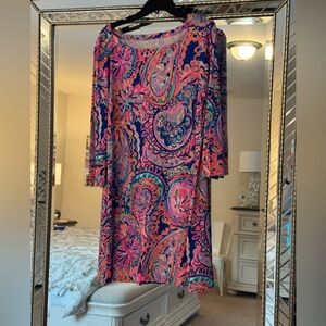 Lilly Pulitzer Pink and Blue Sheath Dress 3/4 Sleeve Scoop Neck